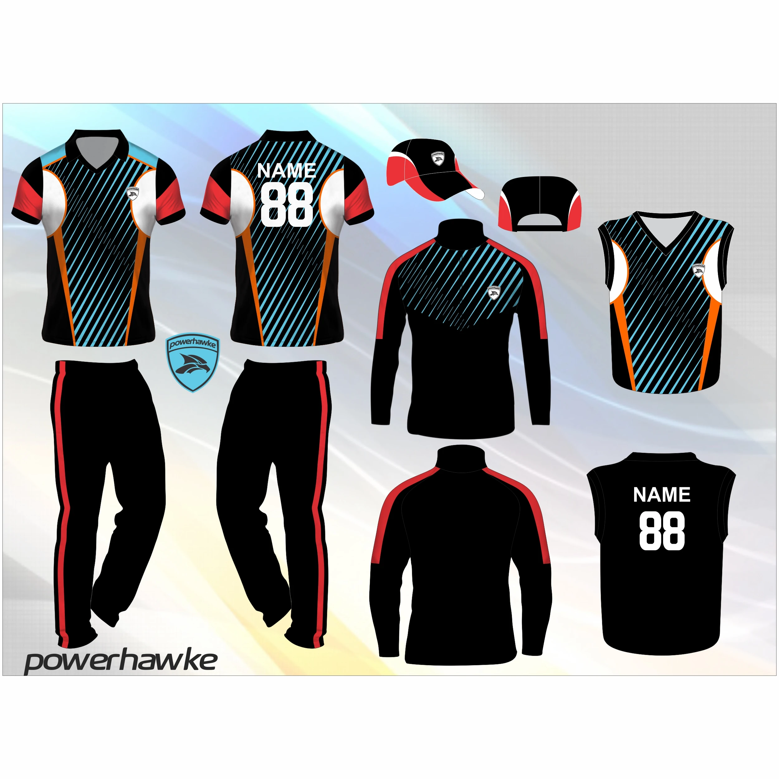 New Top Designs of Powerhawke Full Cricket Jersey Set 2022 available in Different Sizes and also with Customization Feature