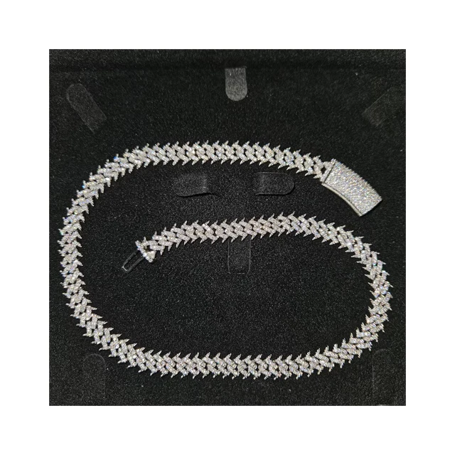 Silver 18k White Plated Spike Set Miami Cuban Link Chain Complete With VVS1 D-Colour Moissanite Diamonds