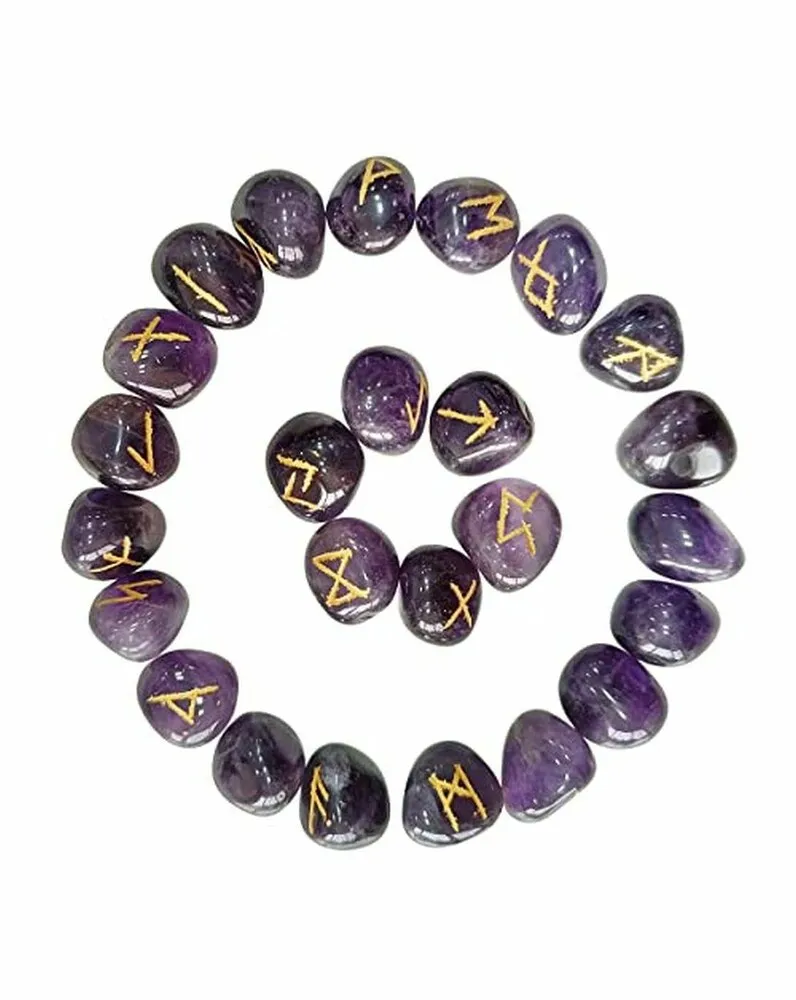 Natural Stone Crystal Amethyst Engraved Carved Reiki Rune Set 25 Piece Engraved Amethyst Tumble Agate Runes Gemstone Rune Set