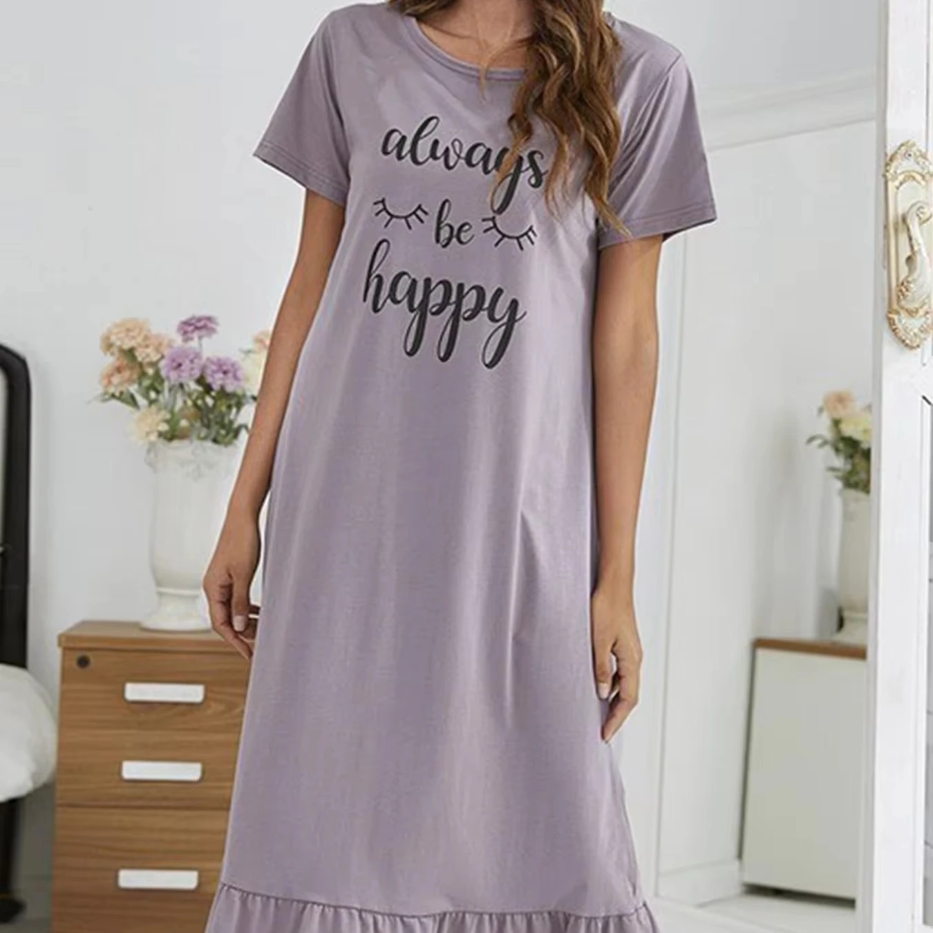 Soft Summer Short Sleeve Long Nightdress Women Casual Home Pajamas Letter Print Nightgowns