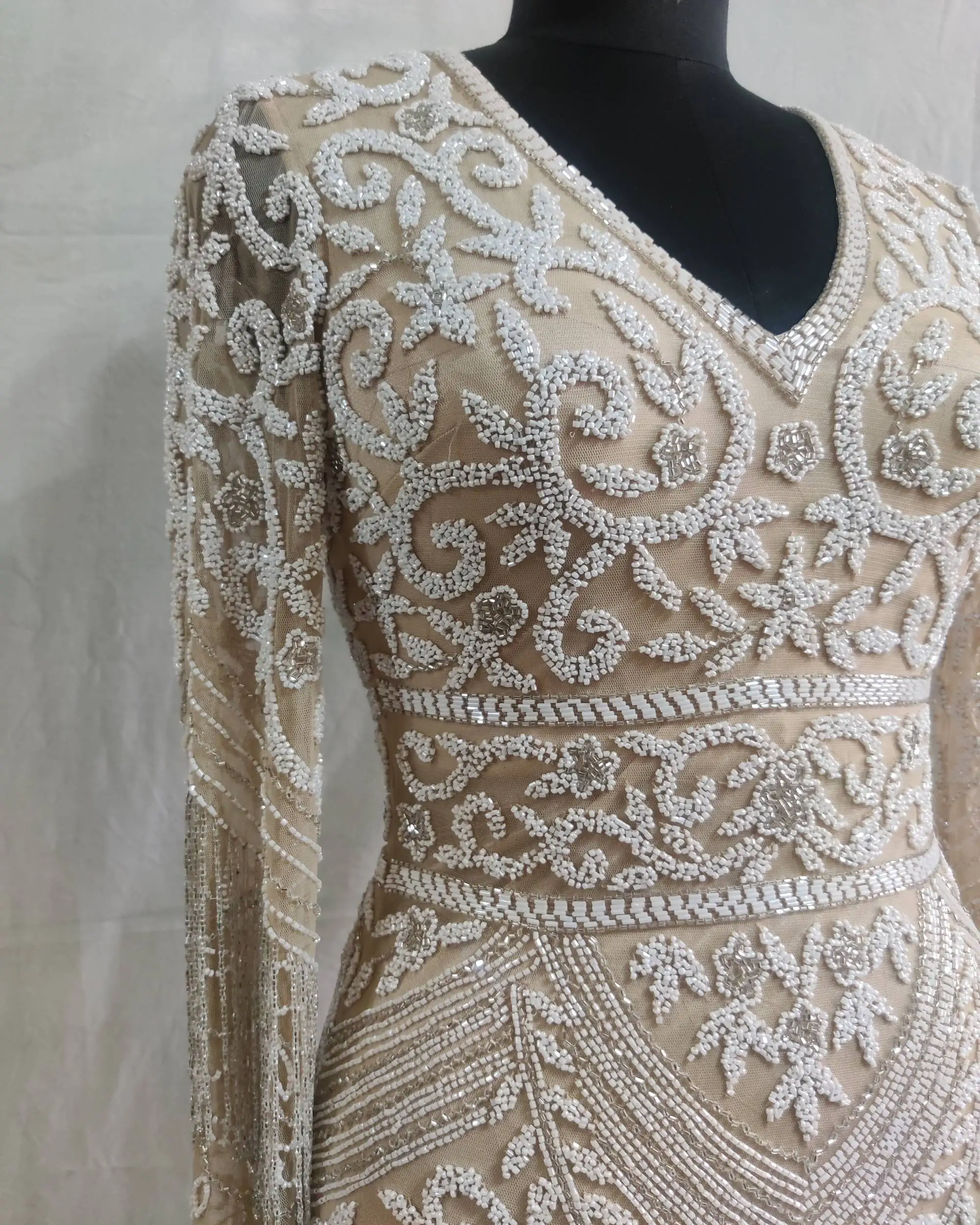 Stylish Princess dresses very heavily beaded luxurious beautiful white nude hand embroidered long ball gown party evening dress