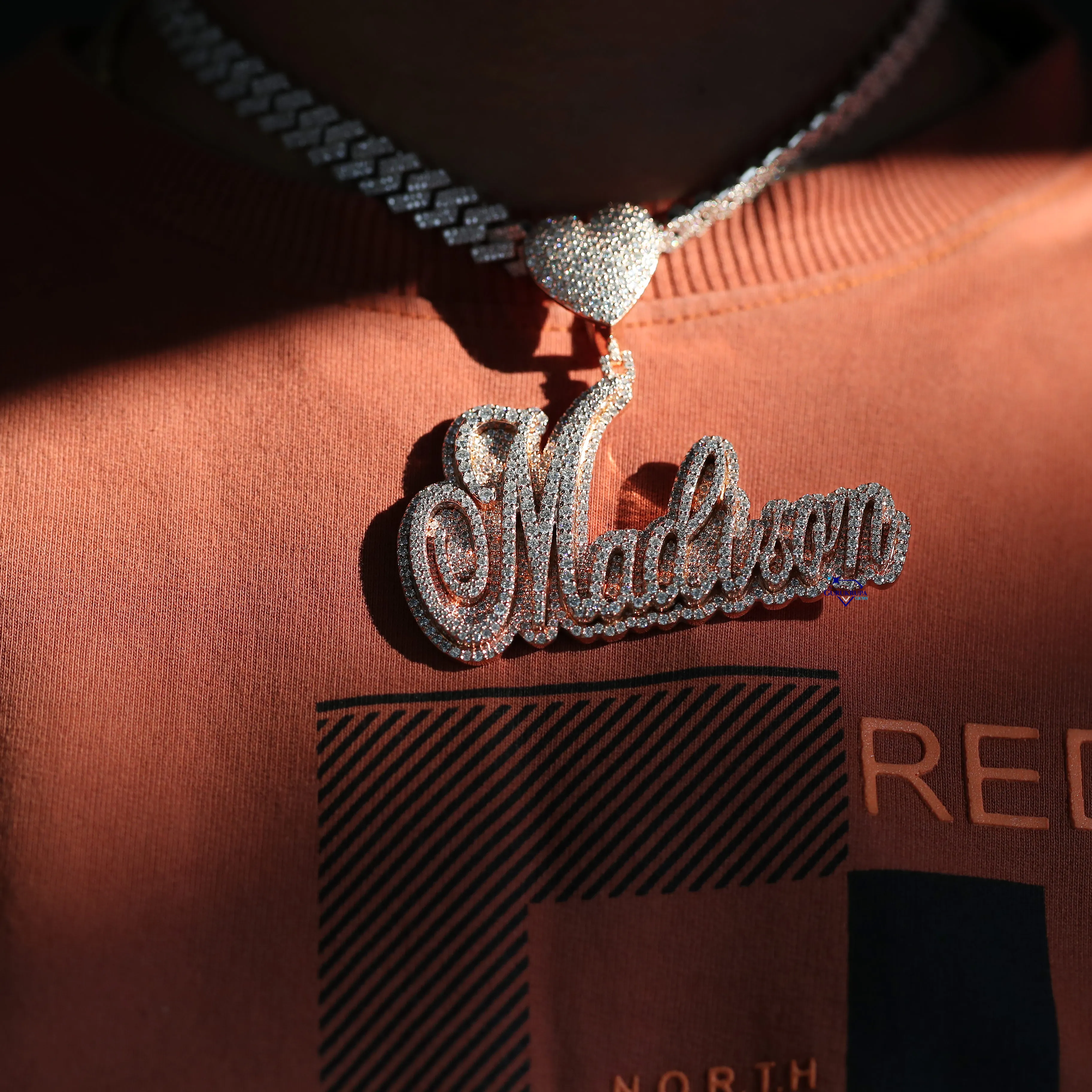 14kt Rose Gold Link Chain Pendant with Moissanite Diamonds Exuding Sophisticated Style for Weddings