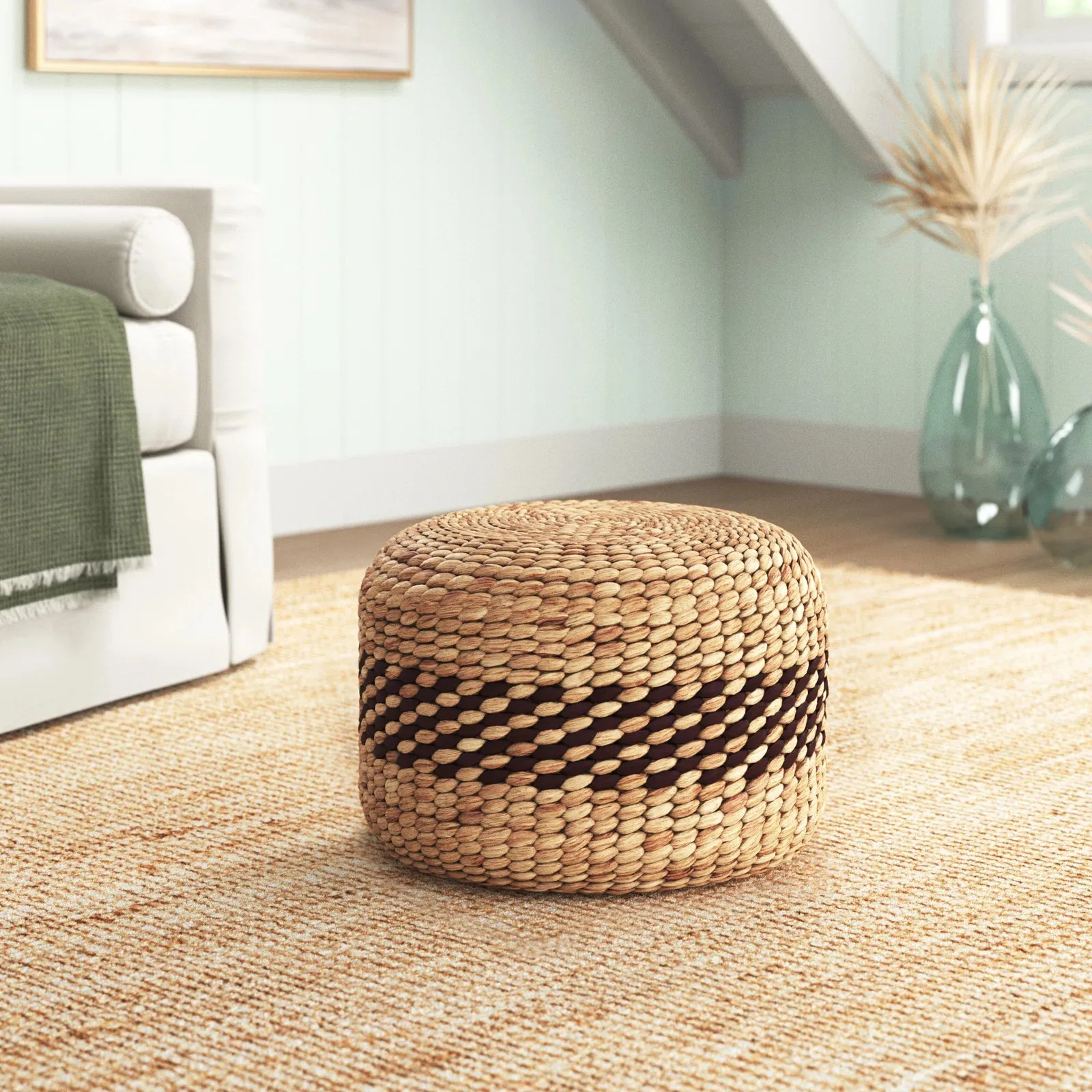 Water hyacinth vintage round ottoman stool bohemian chair cushion for home hotel decoration bulk quantity low price