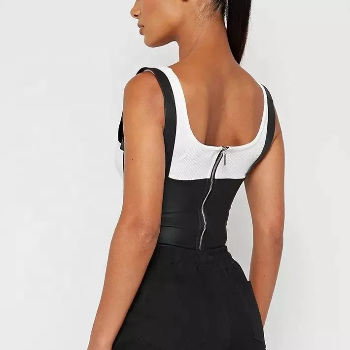 Fashion vest PU leather stitching sleeveless short zipper jacket discipline corset women