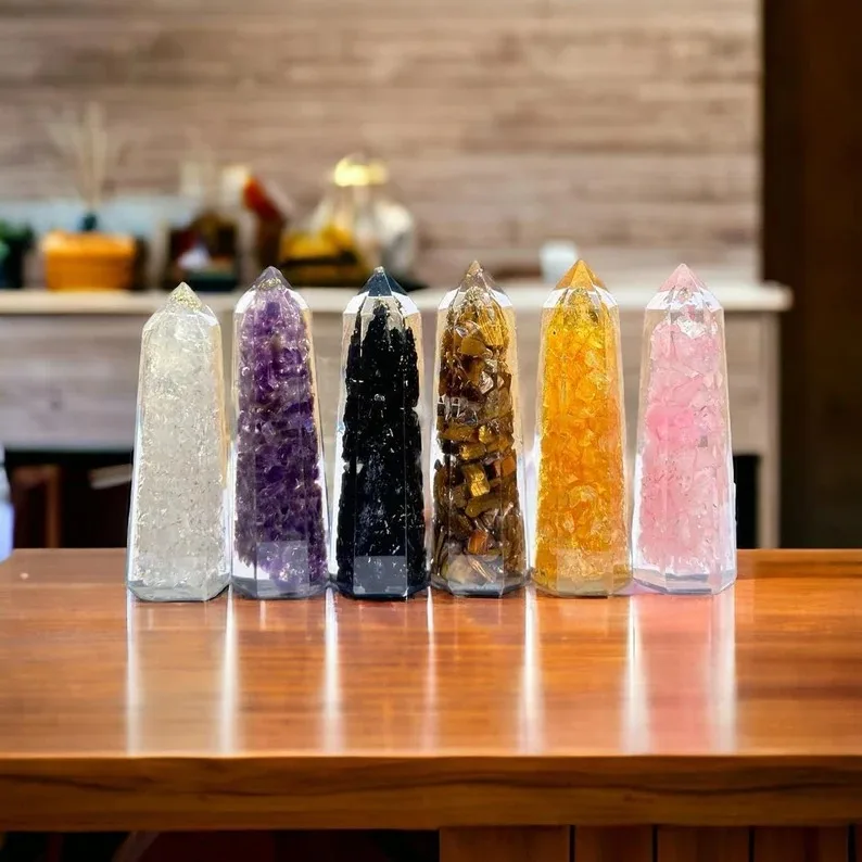 Top Selling Crystal Energy Amethyst 6 Faceted Orgonite Wand Wholesale Mix Natural Gemstone Chips Orgone Massage Healing Obelisk