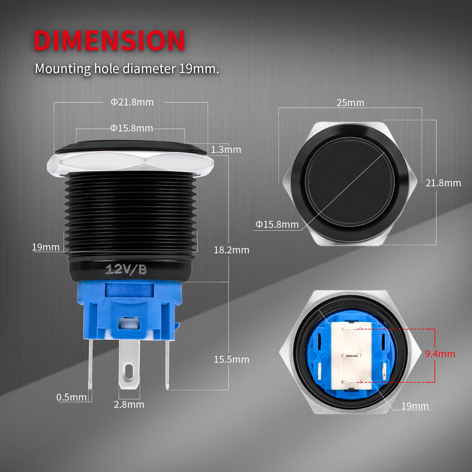 DaierTek 19mm IP65 1NO 1NC 5 Pins Lighted Waterproof Latching Metal Push Button Switch With 12V Blue LED For Car