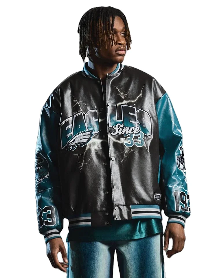 Wholesale Manufacturer Custom Eagle Printed Oversized Sheepskin Leather Varsity Jacket Boxy Button up Letterman Jacket
