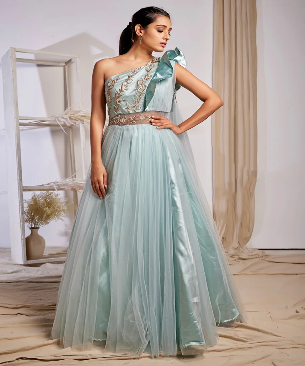 fancy organza embroidery sequence work only gown wedding bride wear ethnic garments wholesale price surat