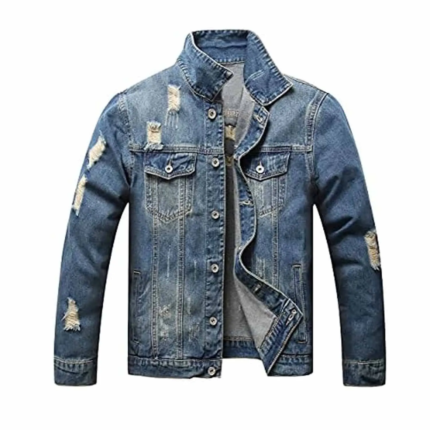 Allover distressed style american style acid wash denim jeans jacket, streetwear denim jacket hot sale washing bomber jacket