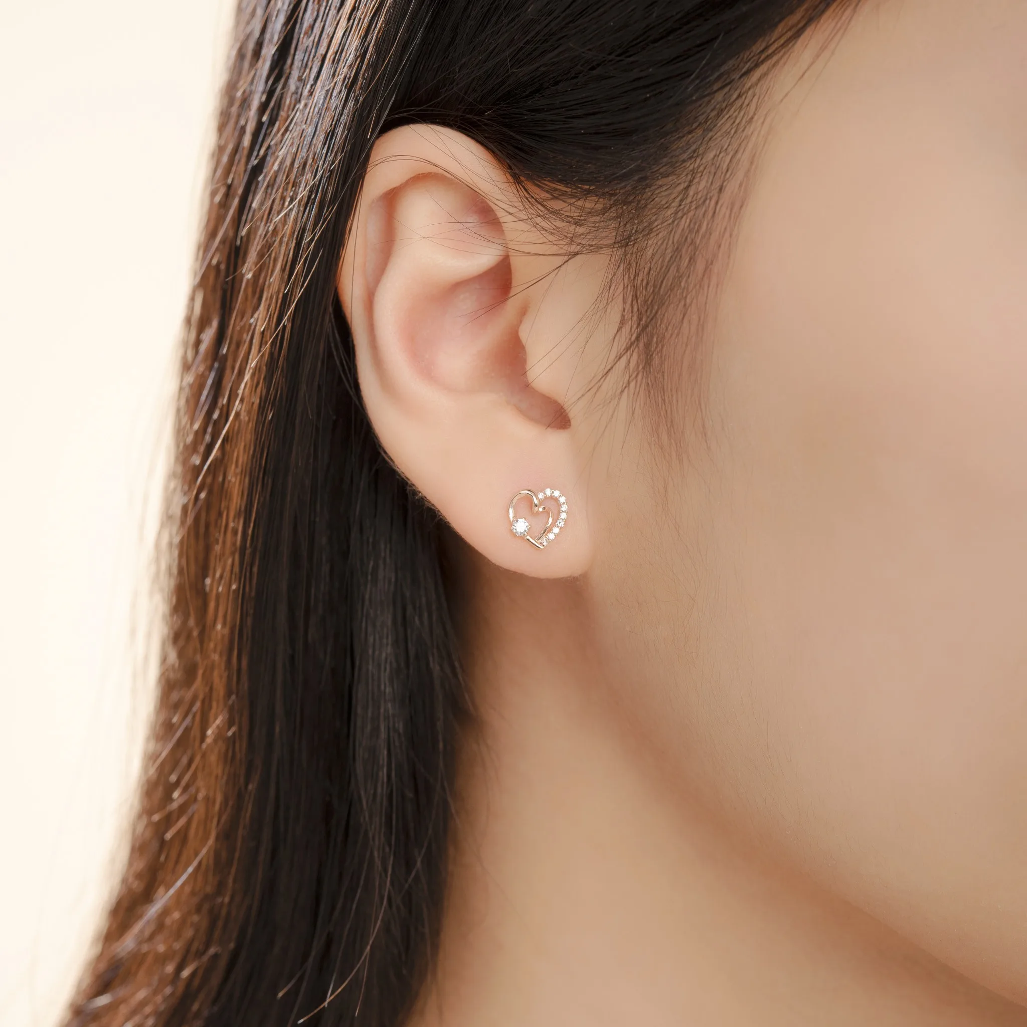 New Trendy Romantic 14K Real Gold Double Heart Stud Earrings with CZ Stone Fine Jewelry Earrings Gold Wholesale BTPTB324