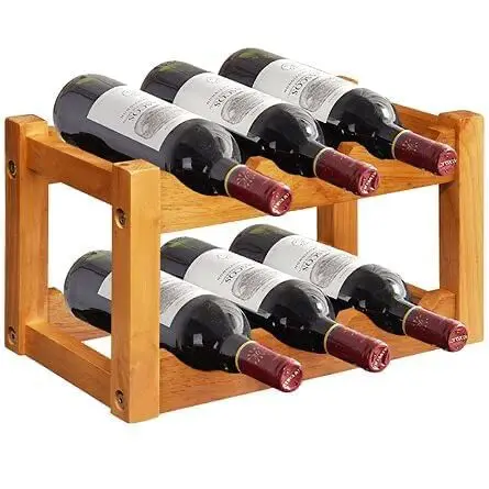 Vintage 6 Bottle 2 Tier Mango Wood Wine Rack Countertop Cabinet Wine Holder for Party or Wedding