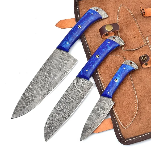 Custom Made 3 pieces Damascus steel Epoxy Resin handle with rivet cookware knife set