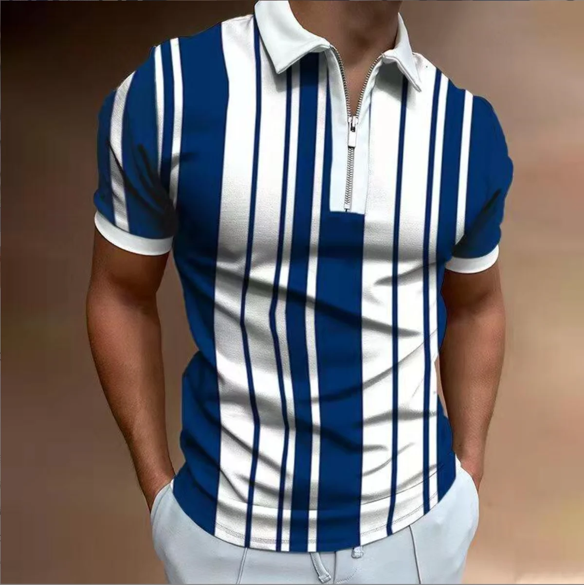 Men Zipped Polo Shirts Plaid Short Sleeve Tee Golf Tennis T-Shirt Casual Lapel Tops