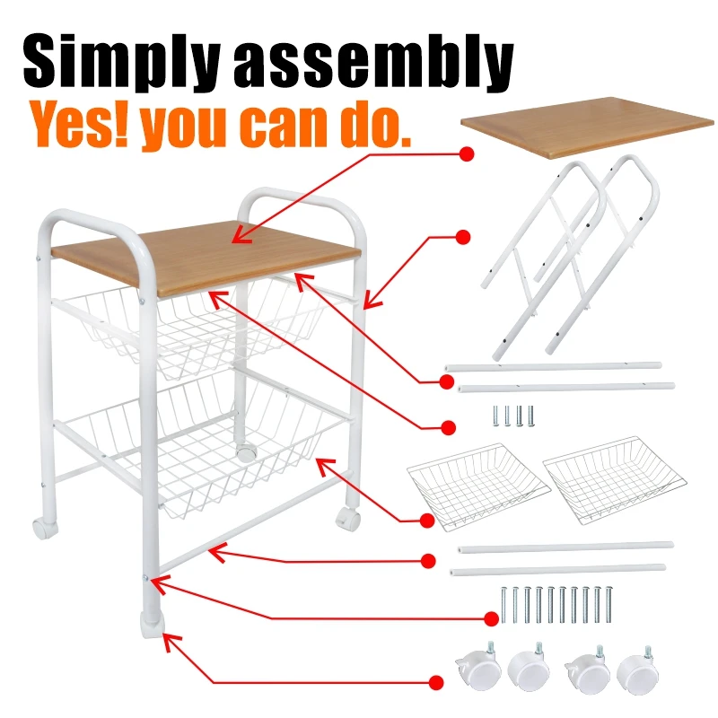 MDF Table Top Metal Wire Basket Stand Rack Cart Storage Kitchen Cart Trolley 3 Tier Hair Salon Trolley