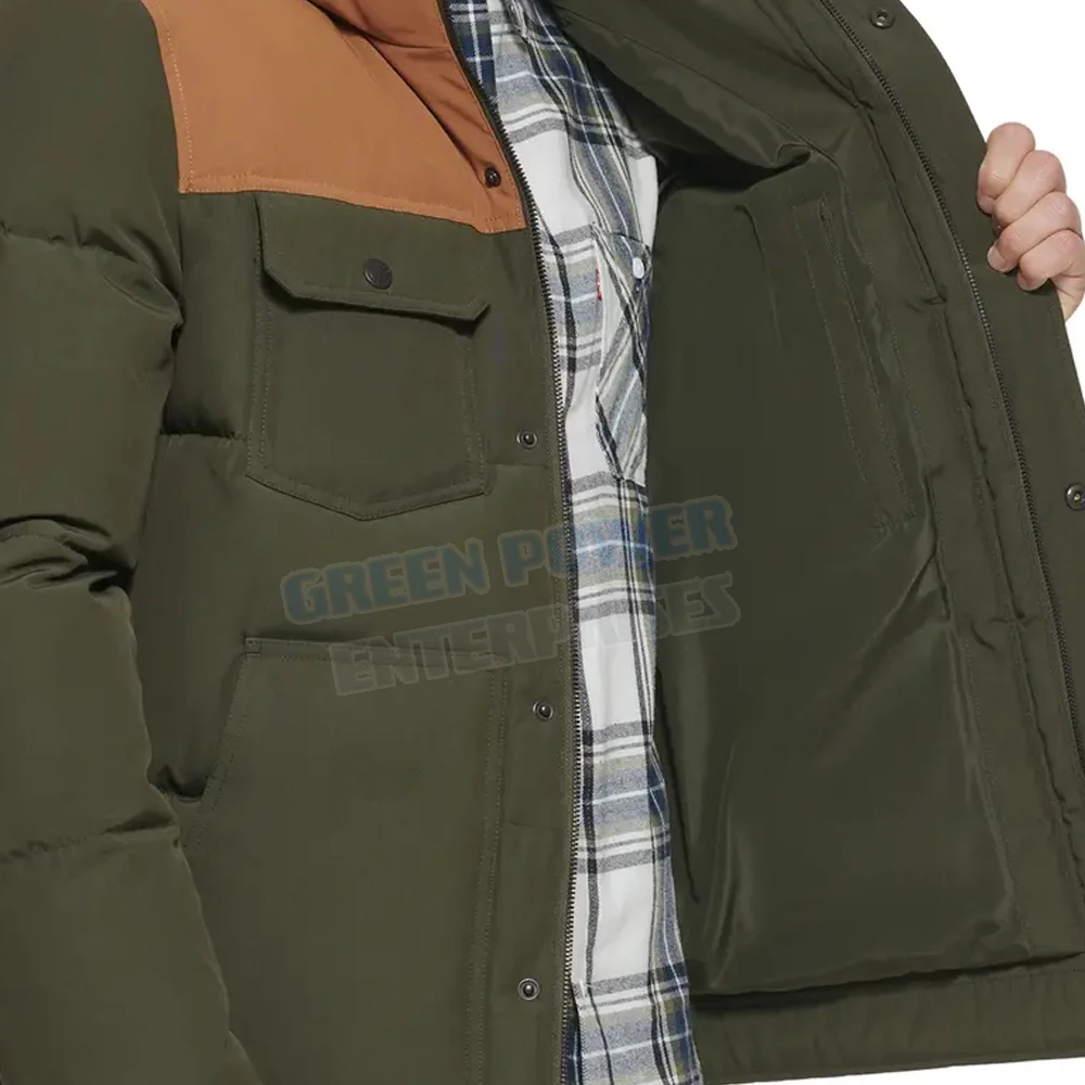 Full zip wholesale fashion designer man coats custom down bubble mens puffer jacket green and mustered color jacket