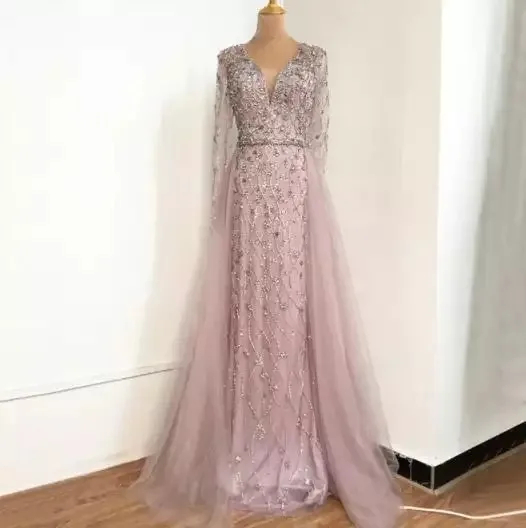 Light Purple Long Sleeves Luxury Evening Dresses 2021 Dubai V Neck Diamond Mermaid Beading Formal Dress