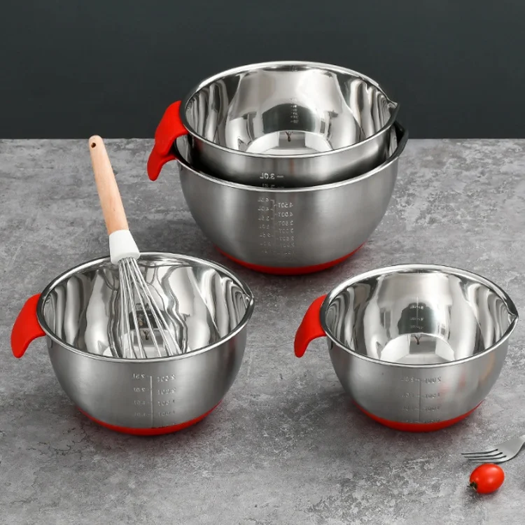 Wholesale 4 in 1 Grater Oil Mesh Strainer Sets Stainless Steel Serving Bowls Silicone Bottom Mixing Bowl Colander Set
