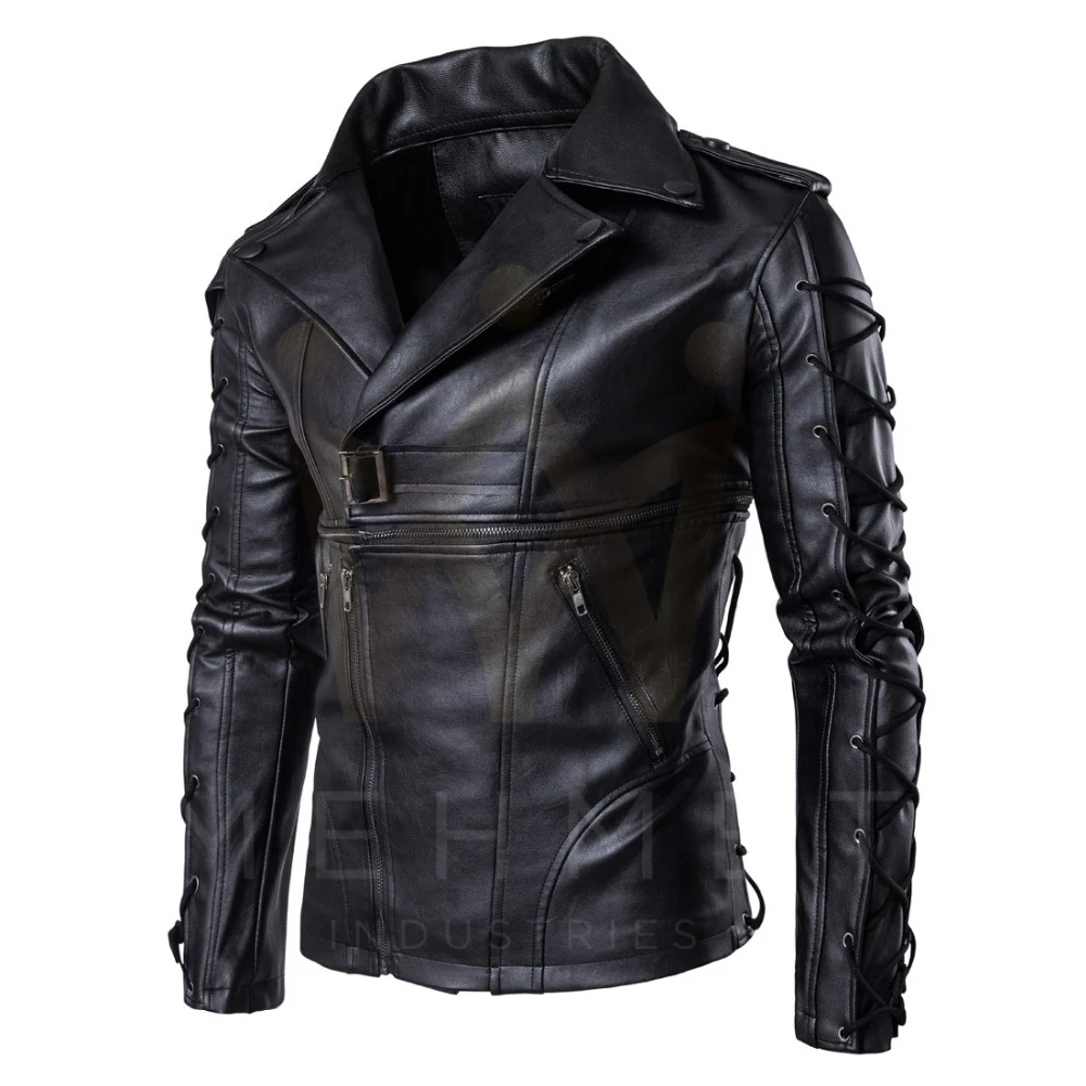 Black Color Biker Leather Jacket multi zippers genuine leather jacket for men winter lining jackets