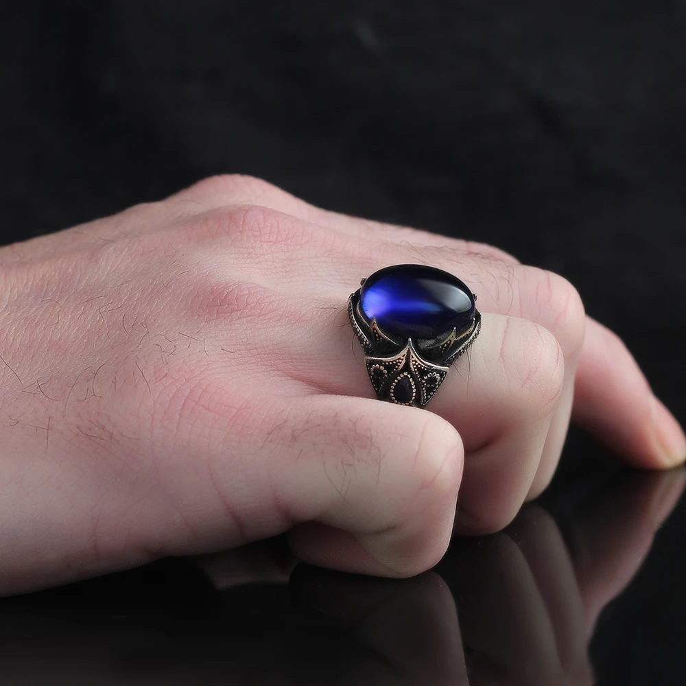 925 Silver Blue Zircon Stone Dazzle Men Ring Turkish Handmade Ring Turkish Wholesales Silver Jewelry