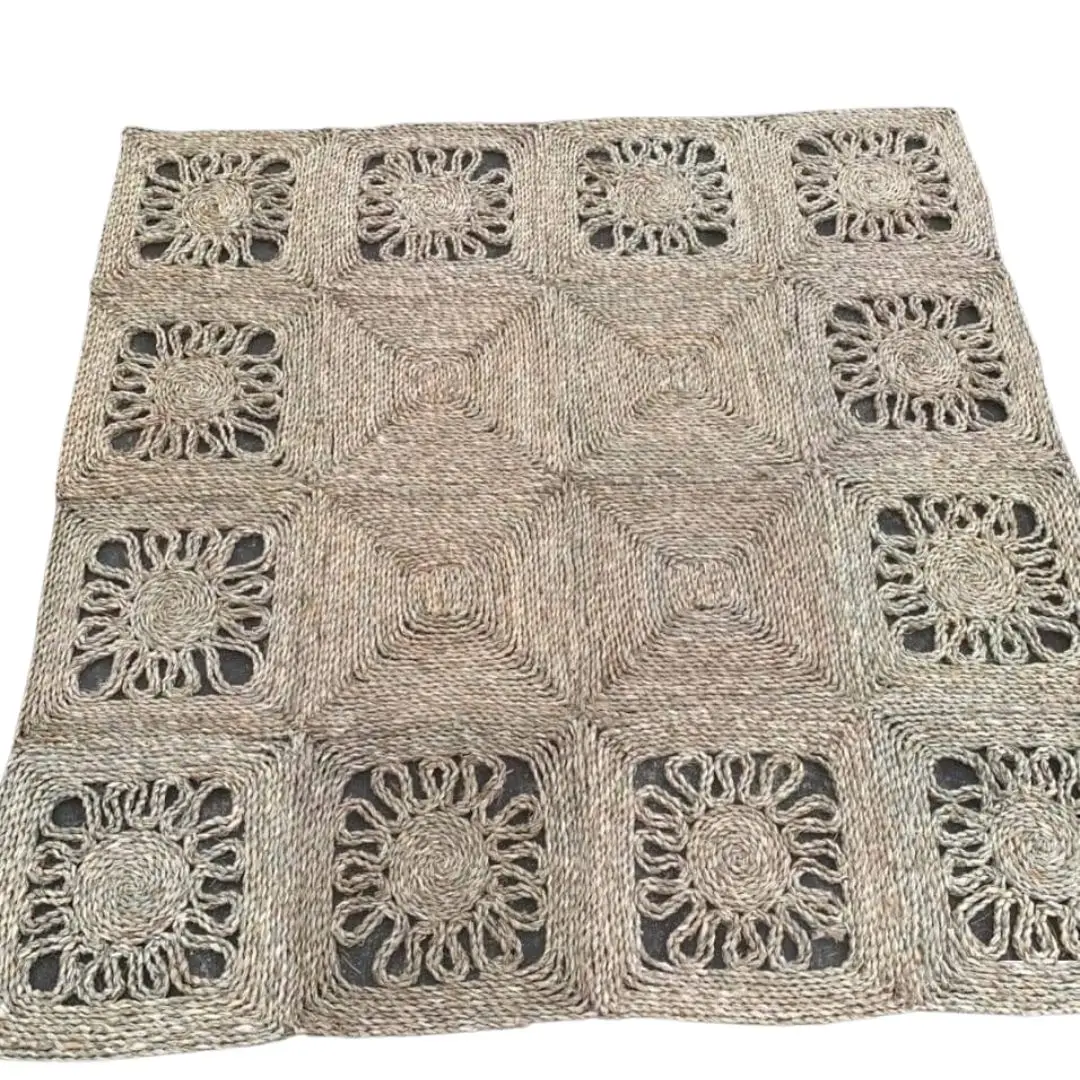 Handwoven Square  Seagrass Rug Runner Doormat Natural Fiber Yoga Mat Bohemian Carpet Turkish Rug Living Room Vintage