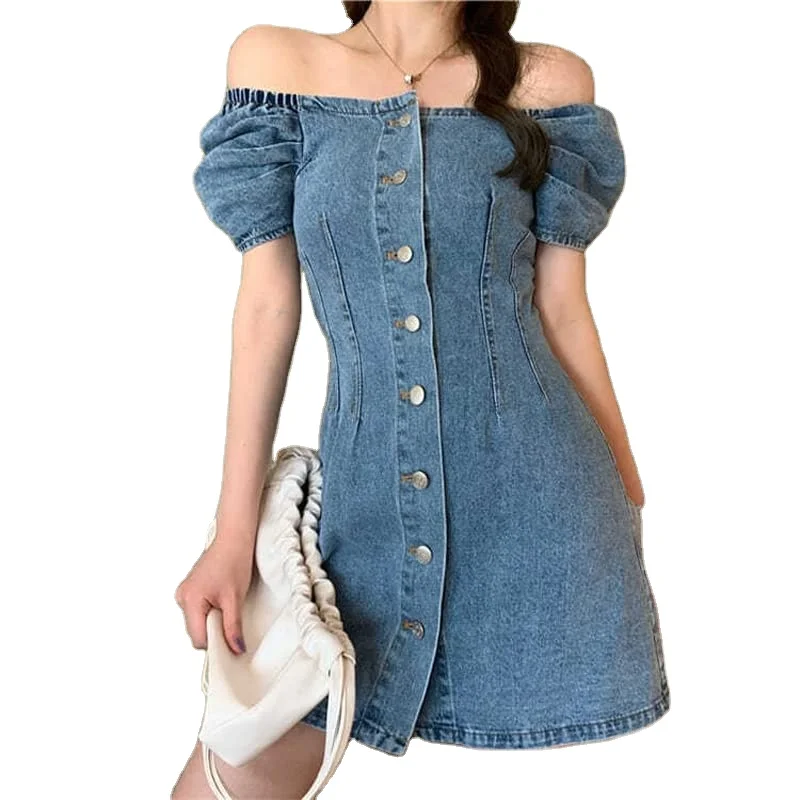 Dress Women Blue Denim Mini Single Breasted Square Collar Sweet Style Simple Design Outerwear Vintage Young Ladies