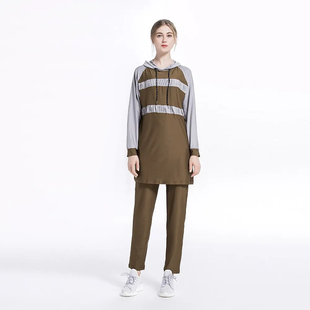 2 piece Block Stripe Casual Arabic Islamic Women Outfit Muslim Hoodie Top Long Pant Sweatsuit Tracksuit Sport wear