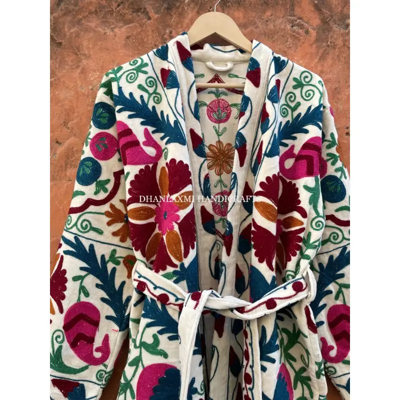 Wholesale Indian Cotton Suzani Hand Embroidery Velvet Kimono Bathrobe Style Sleepwear Night Robe Maxi Gown Boho Unisex Wear Robe