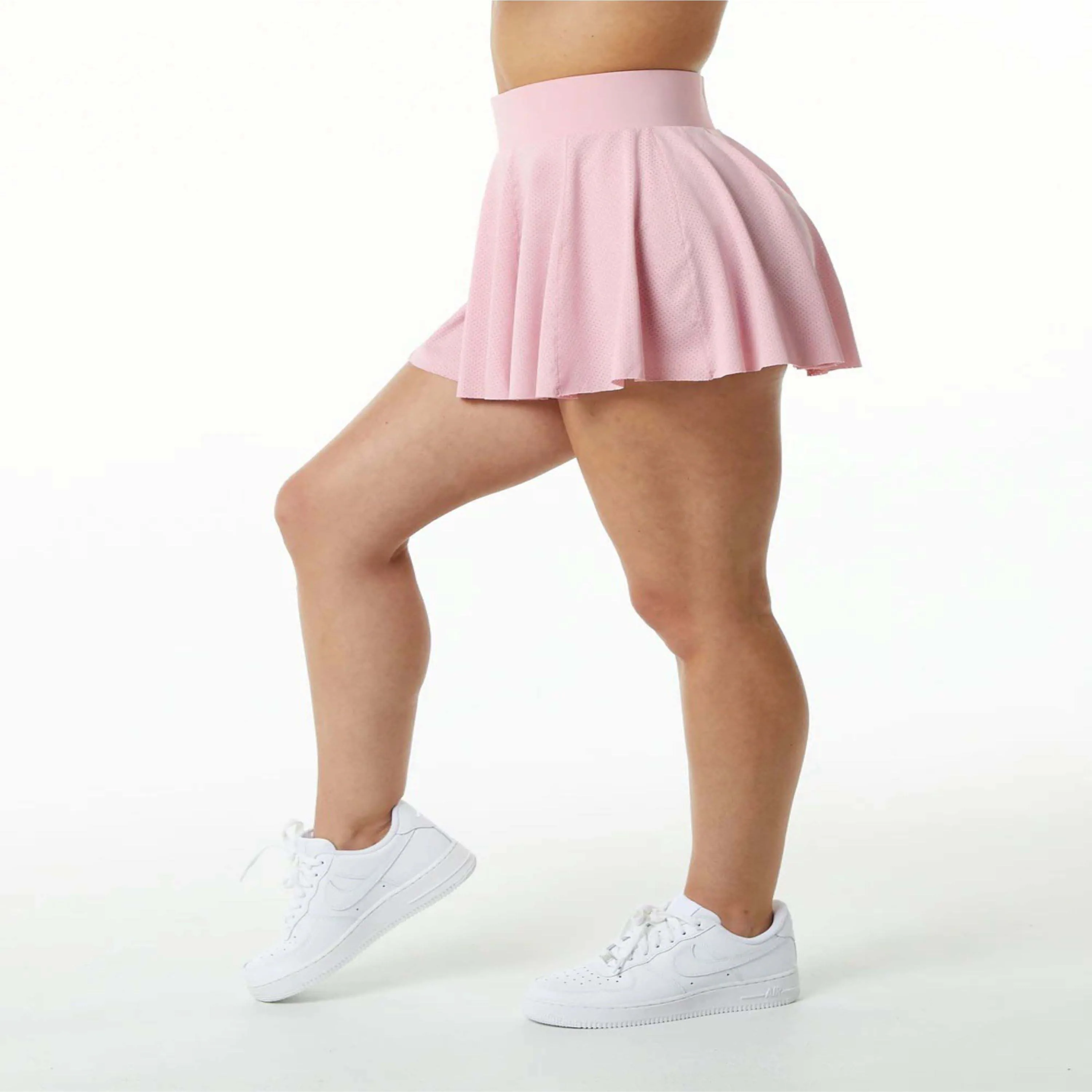 100% Polyester Jersey Knit Womens Compression Lined Mesh High Waisted Pink Skirt with Compression Lined Short