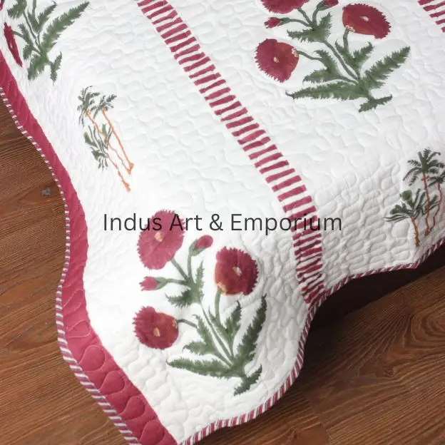 Red Poppy flower hand block printed kantha bedspreads cotton quilted bedcover