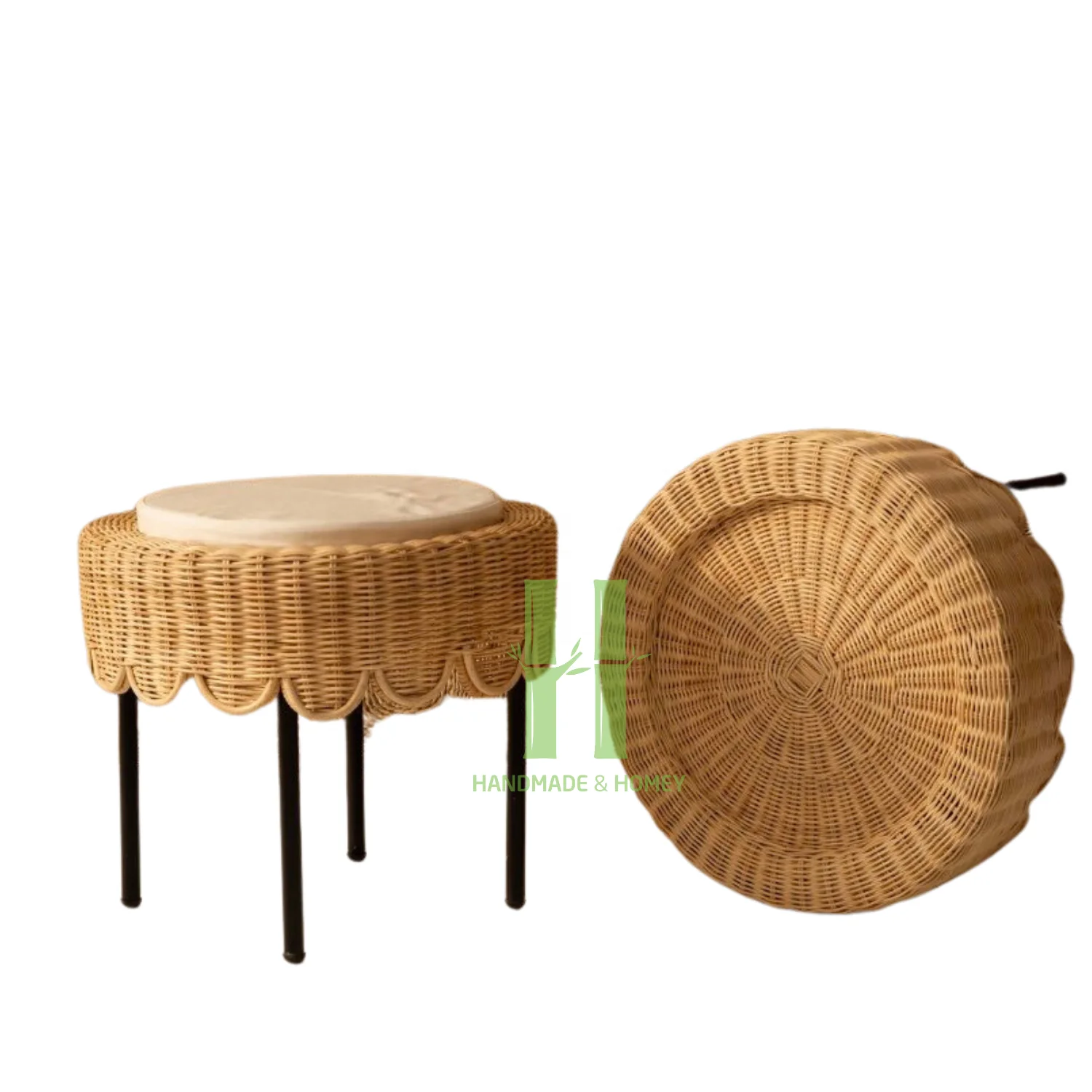 Set of 2 Rattan Stool with Metal Base Minimal Round Rattan Ottoman with Soft White Cushion OEM in HNH Craft Factory