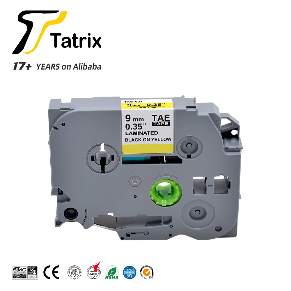 Tatrix TZE621 TZE-621 label tape TZE 9mm*8m Black on Yellow Laminated Tze Label Tape Compatible for Brother P-Touch Label maker