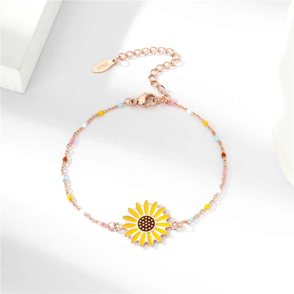 S925 sterling silver bracelet 18K gold plated sunflower sunflower enamel epoxy bracelet personalized and fashionable
