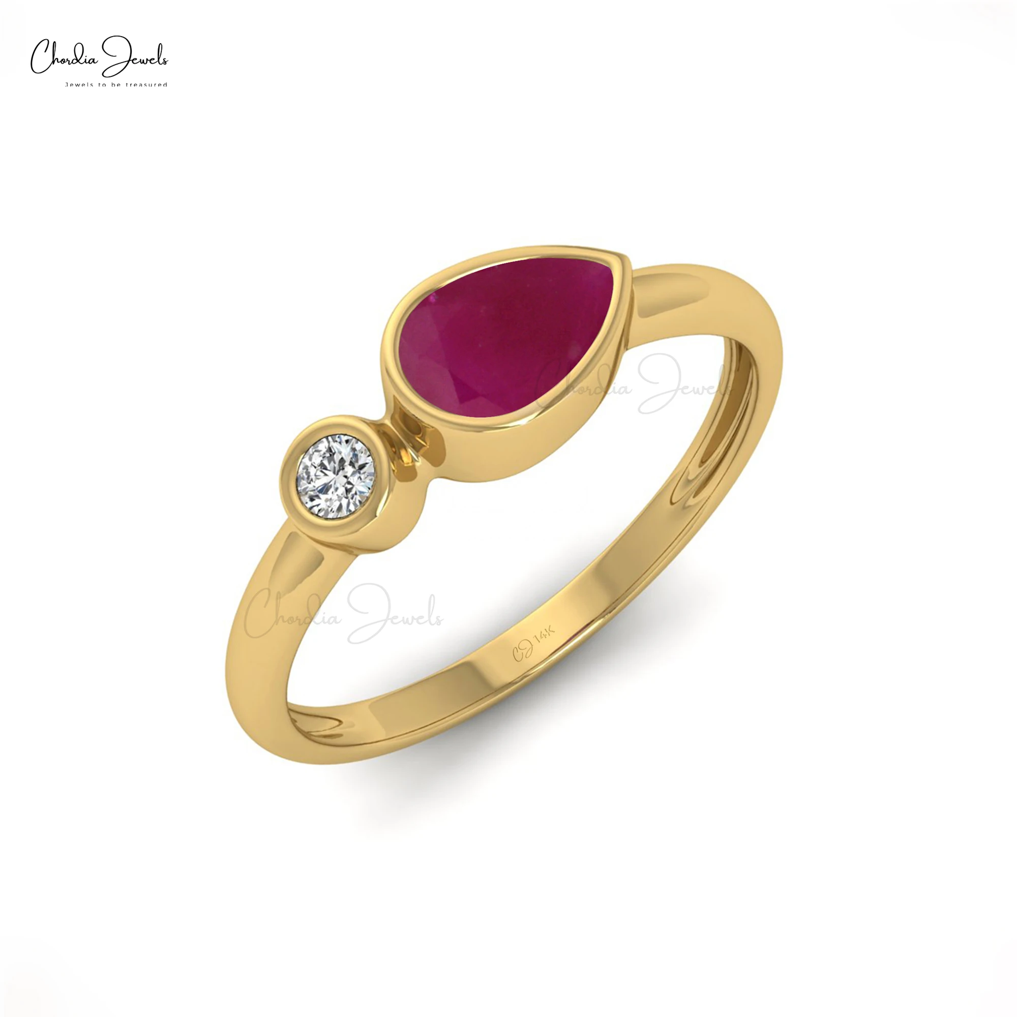 Factory Direct Sale Bezel Setting 2mm Round Cut Diamond & Natural Ruby Gemstone Ring for Women 14K Solid Gold Jewelry Wholesale
