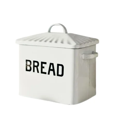Farmhouse Metal White Enmel Finished Canister Bin Handmade Bread Box with Bamboo Lid for Kitchen Countertop
