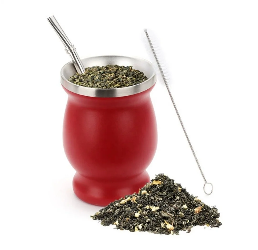 KAIYANGE 8 унций Бразильская чайная чашка Yerba Mate Двухстенная Изолированная из нержавеющей стали yerba mate с соломой