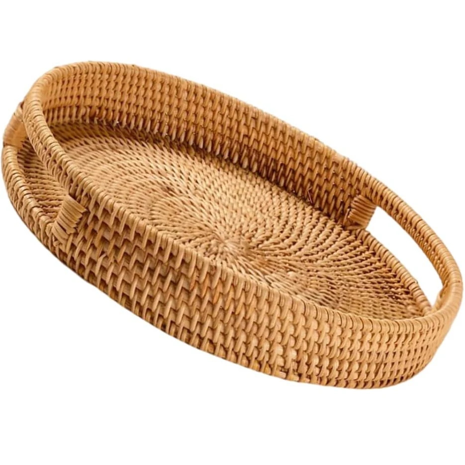 Wholesale Natural Rattan Serving Tray Wooden Bamboo Counter Bathroom Dressert rattan Tray