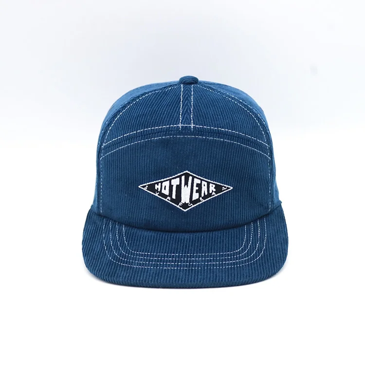 7-Panel Flat Brim Snapback Hats 100% Corduroy Fabric Magic Tape Caps High Quality Blue Color Medium Profile Snapback Hat