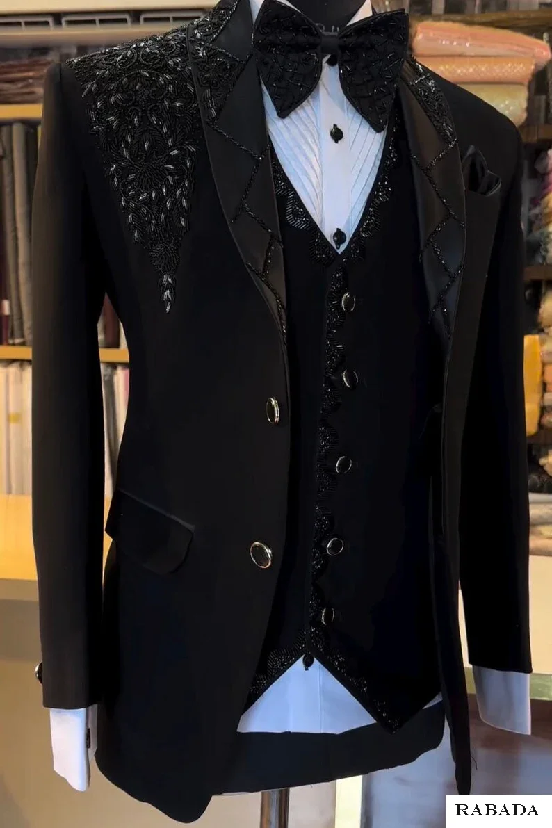 Black designer hand embroidered tuxedo, traditional groom black jodhpuri jacket, Wedding Jodhpuri Indian Jacket mens suit