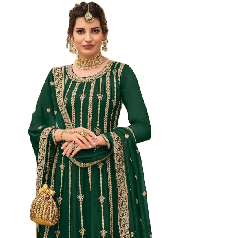 Heavy Faux Georgette with Bad La Work Embroidery Stitch Work With Stanton Inner Semi Stitched Suit for Online Sale