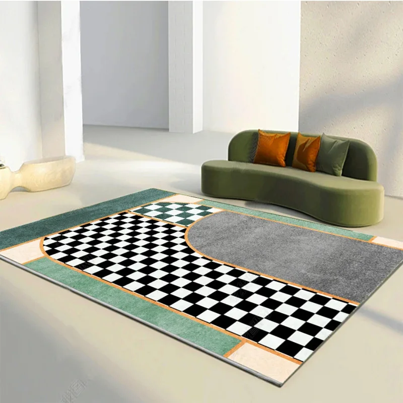 Simple Nordic checkerboard living room carpet green plaid bedroom full bedside blanket ins style sofa coffee table rugs