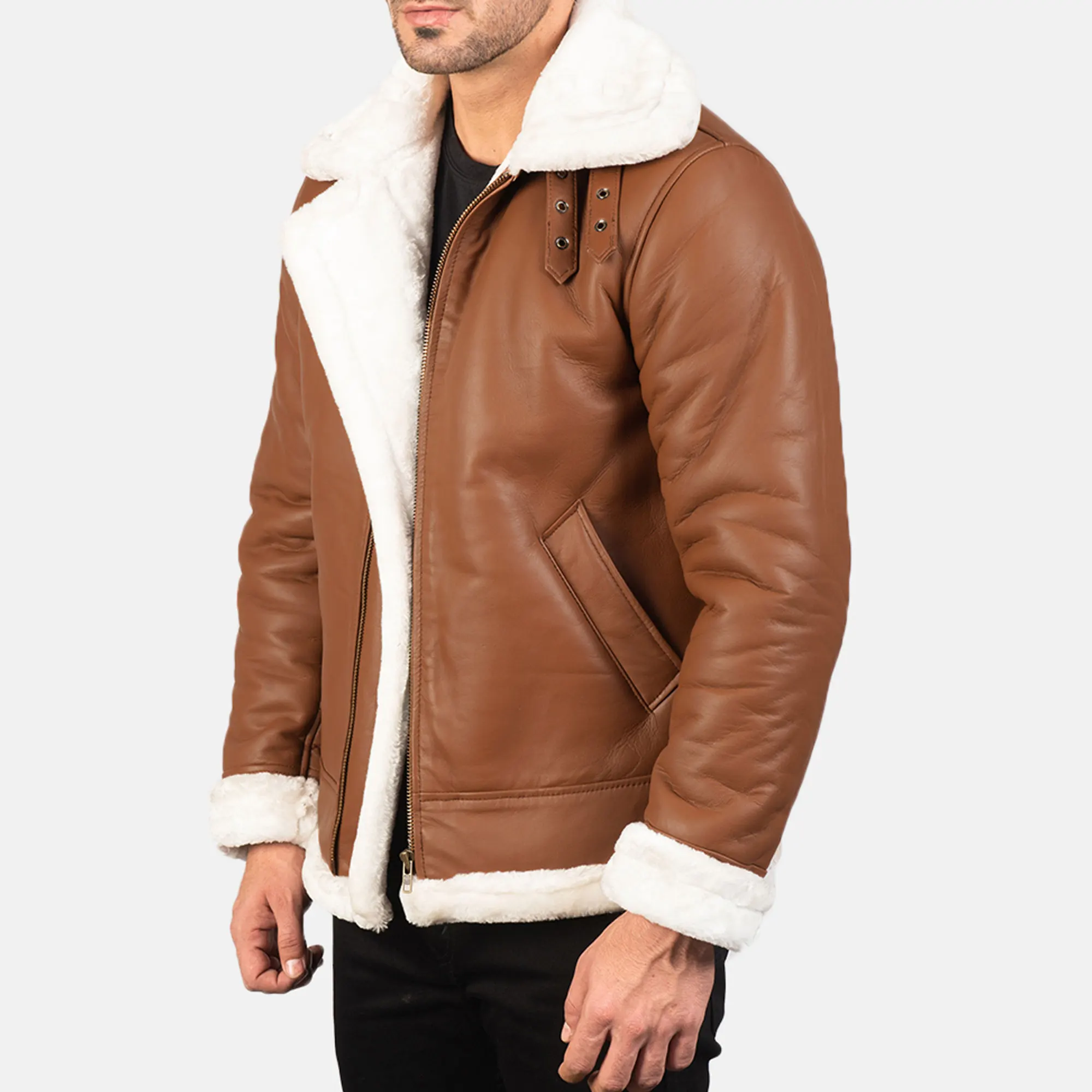 Super Quality Aviator Brown Shearling White Fur Leather Jacket Custom Genuine Leather Manufacture