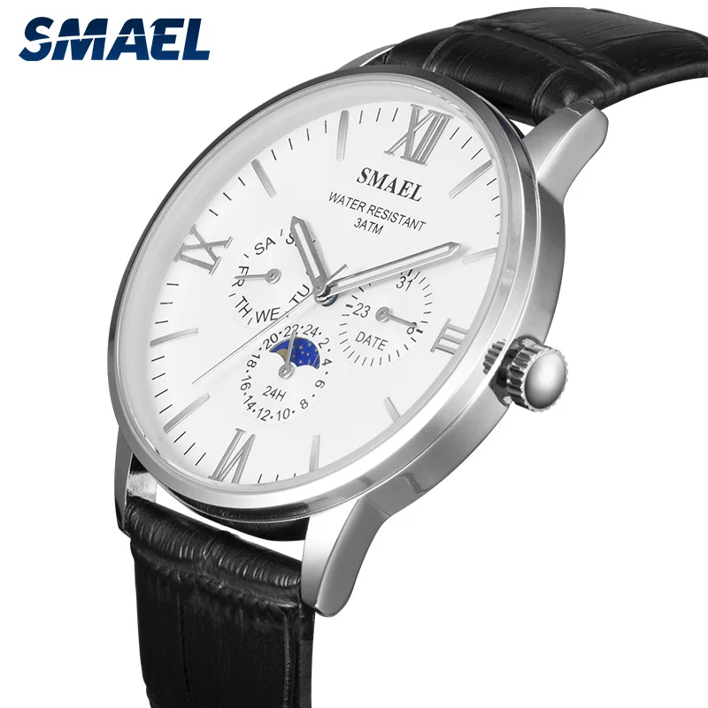 SMAEL new quartz wrist watch 9094 multifunction leather strap watch