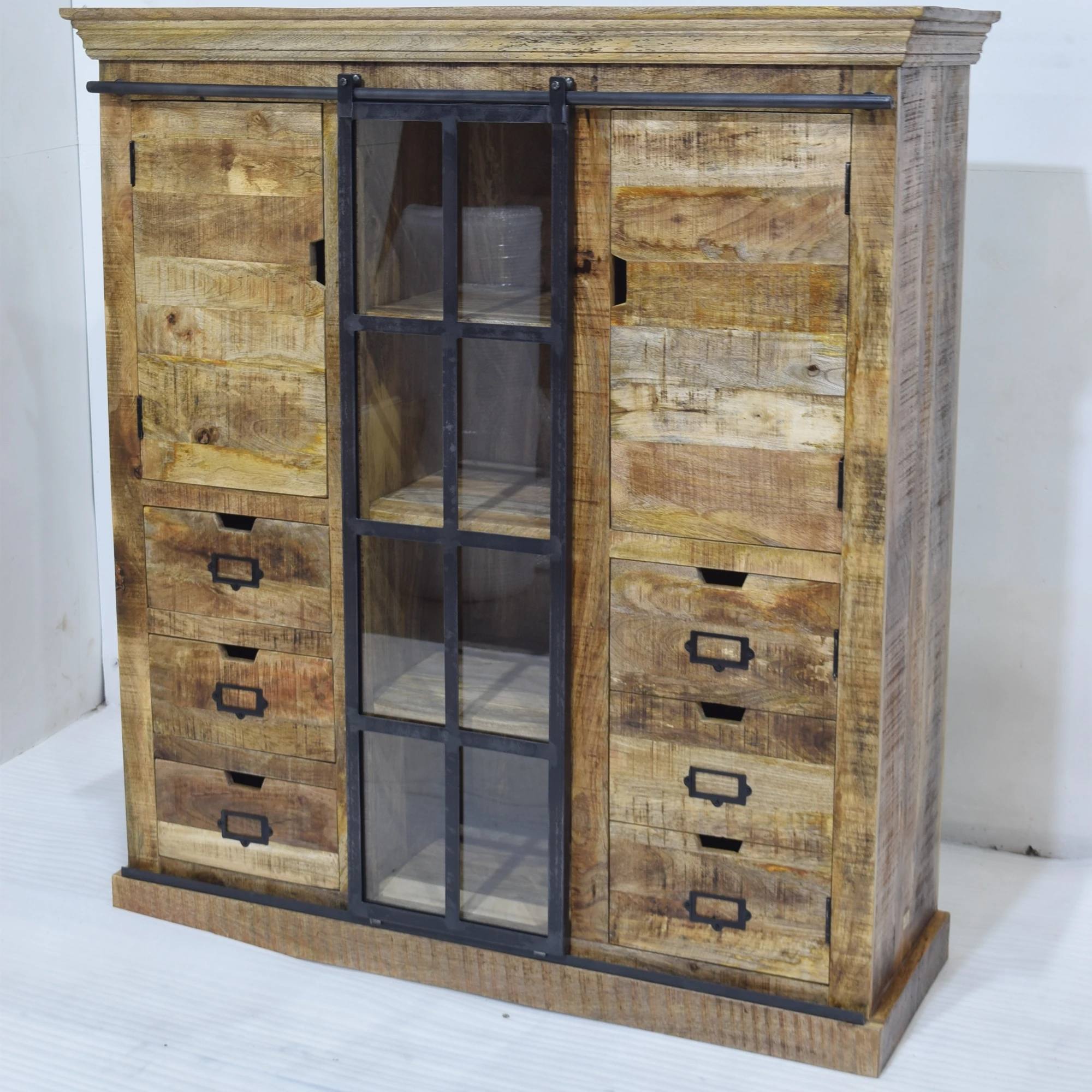 Industrial Design Vintage Style Mango Wood 2 Door Glass Panel Sliding Door Storage Cabinet with 6 Drawers Big Cabinet for Home