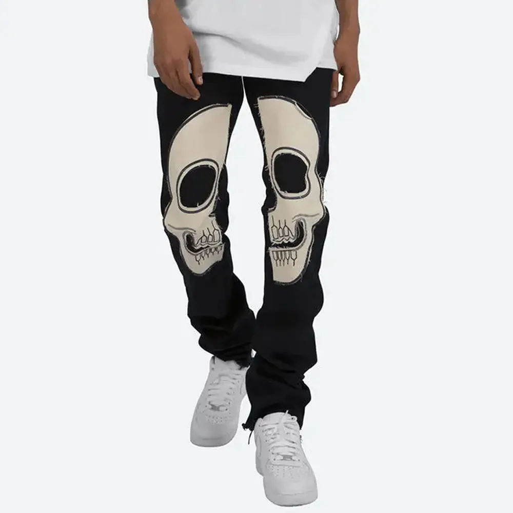 High Street Hip Hop Custom Jeans Skeleton Straight Denim Black Washed Slim Fit Stacked Denim Jeans Pant For Men