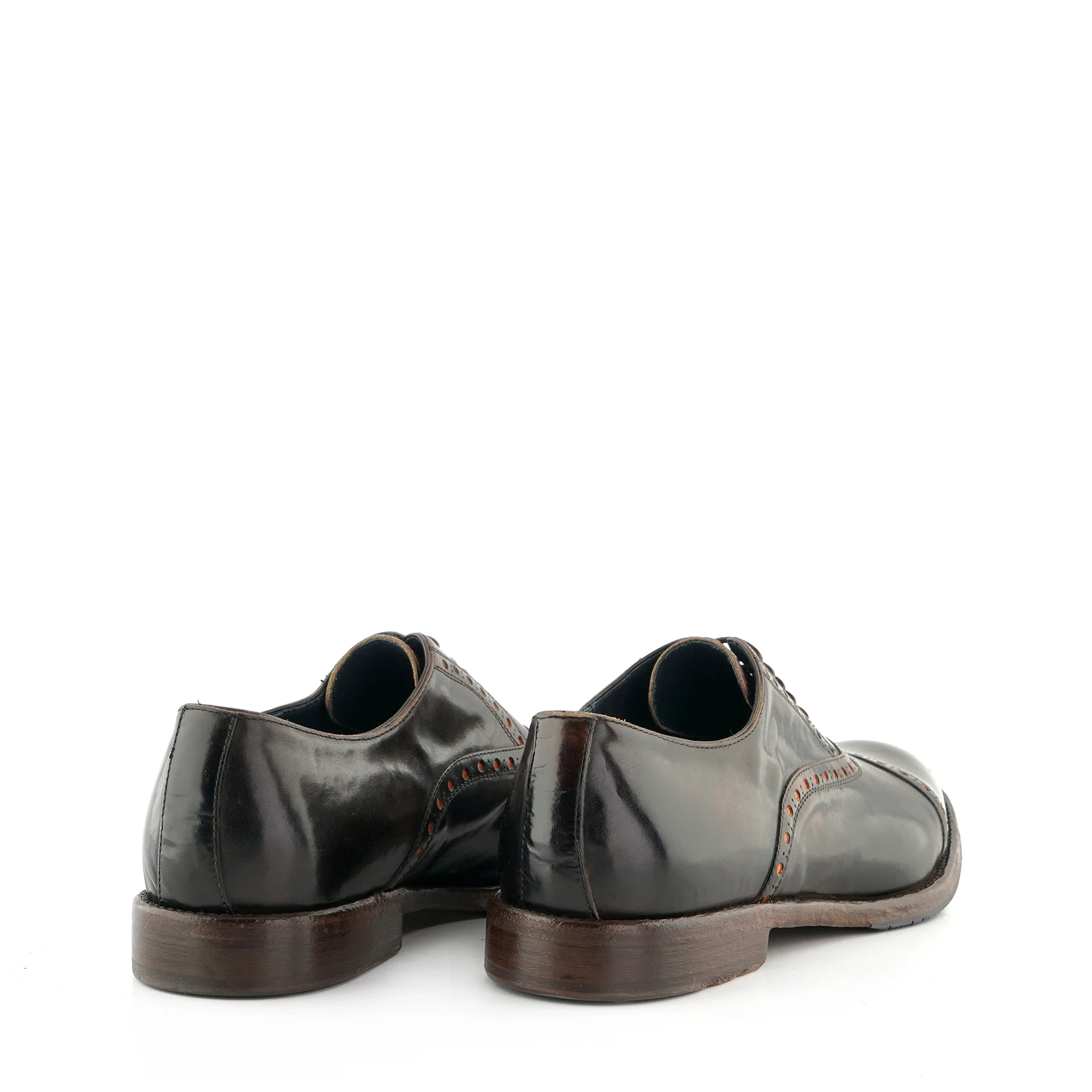 HIGH QUALITY MAN CLASSIC SHOES  DARK BROWN LEATHER, ORANGE BICOLOR LACES, COMFORTABLE MADE IN ITALY