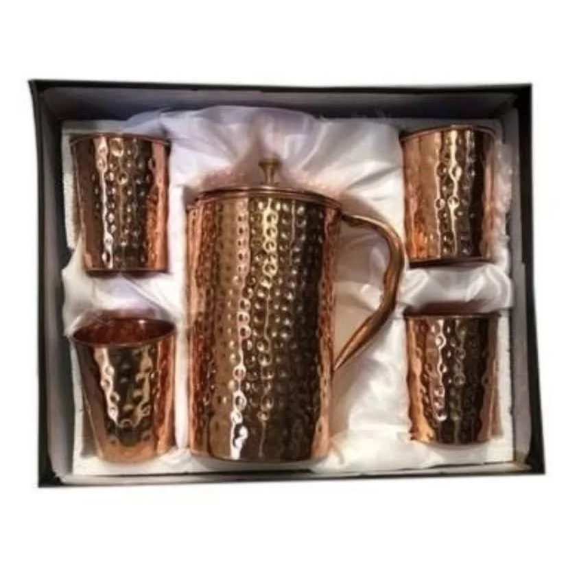 Copper Water Jug with copper tumbler set of 5 hammered fro drinking water to increase immunity and boost energy customised gifts