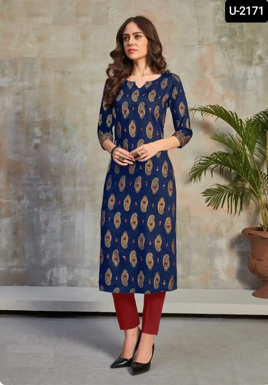 Indian Heavy Designer Style Heavy Rayon Foil Print Kurtis with Plus Size Available for Party Wear and Daily Casual Wear Kurtis