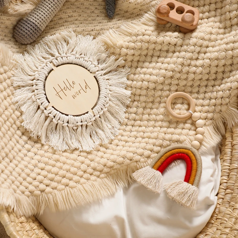 Wooden Milestone Newborn Baby Birth Monthly Wood Milestone Card Tassels Boho Style Newborn Photography Props Set