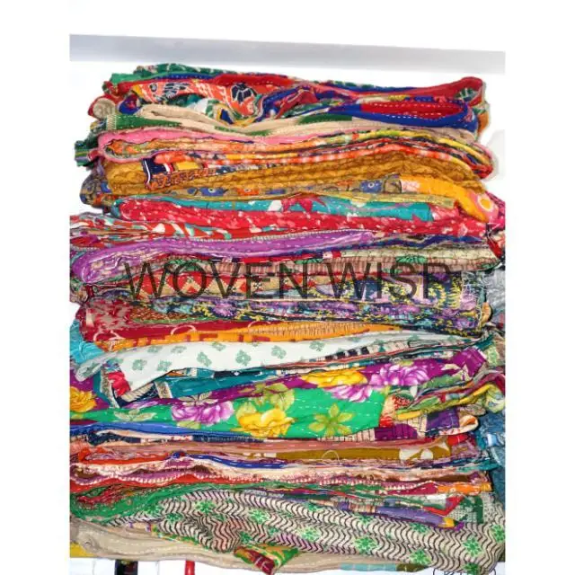 Vintage Kantha Quilt Reversible Throw Bohemian Bedspread Bedding Blanket Traditional Bed Cover Indian Handmade Cotton Sari Quilt