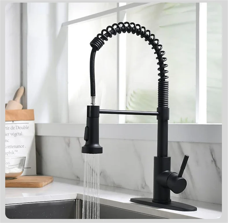 SS Stainless Steel Matte Black Sprayer Sink Water Tap Mixer Single Handle Lever Pull Out Down Spring Kitchen Faucets